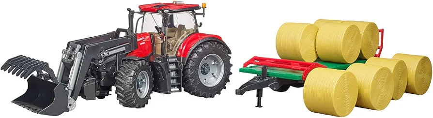 BRUDER CASE IH OPTIM with FRONTLOADER, TRAILER & 8 BALES - Image 2