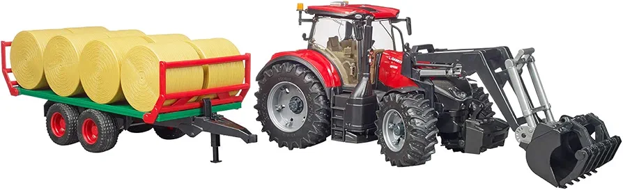 BRUDER CASE IH OPTIM with FRONTLOADER, TRAILER & 8 BALES - Image 4
