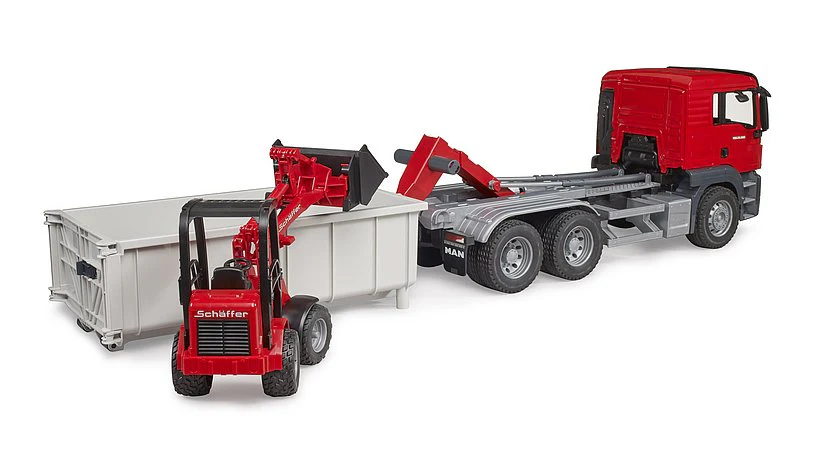BRUDER MAN TGS TRUCK W/ROLL-OFF-CONTAINER & SCHAFFER COMPACT LOADER - Image 3