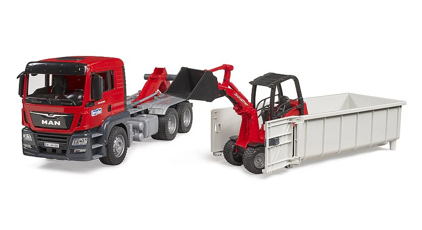 BRUDER MAN TGS TRUCK W/ROLL-OFF-CONTAINER & SCHAFFER COMPACT LOADER - Image 4