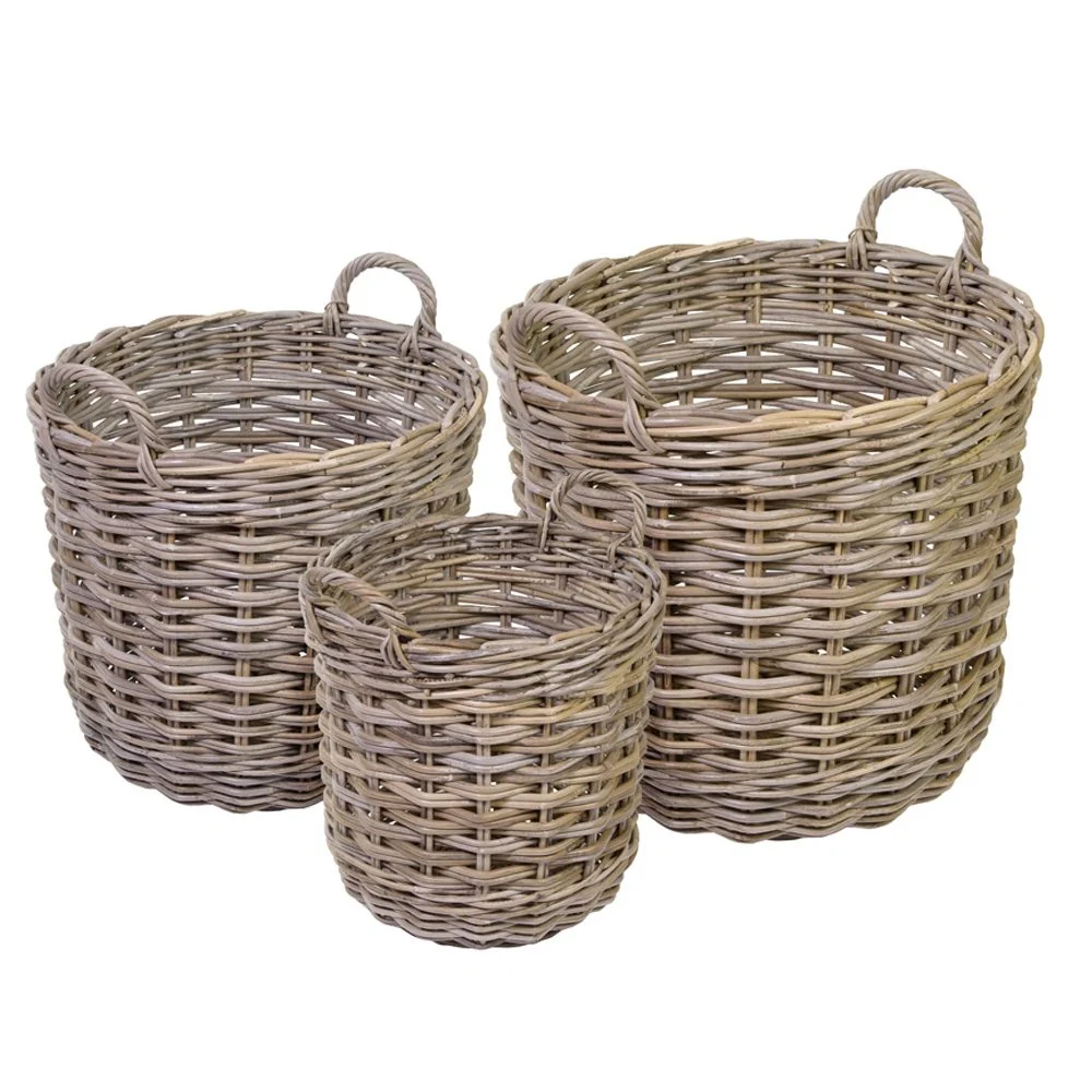 EDD ROUND GREY KUBU RATTAN LOG BASKET MEDIUM 5703