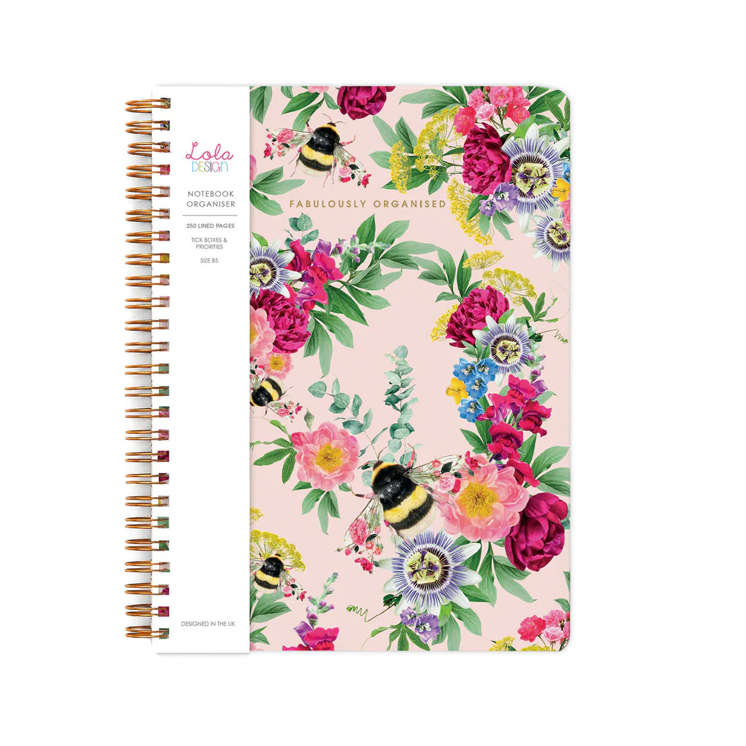 Lola Designs -WIRO BOUND PINK BEE ORGANISER / NOTEBOOK