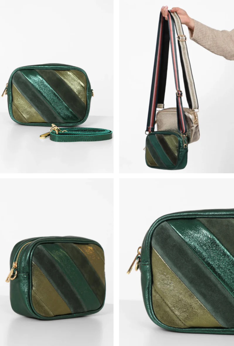 MSH Green Metallic Striped Genuine Italian Leather Camera Bag - Image 2
