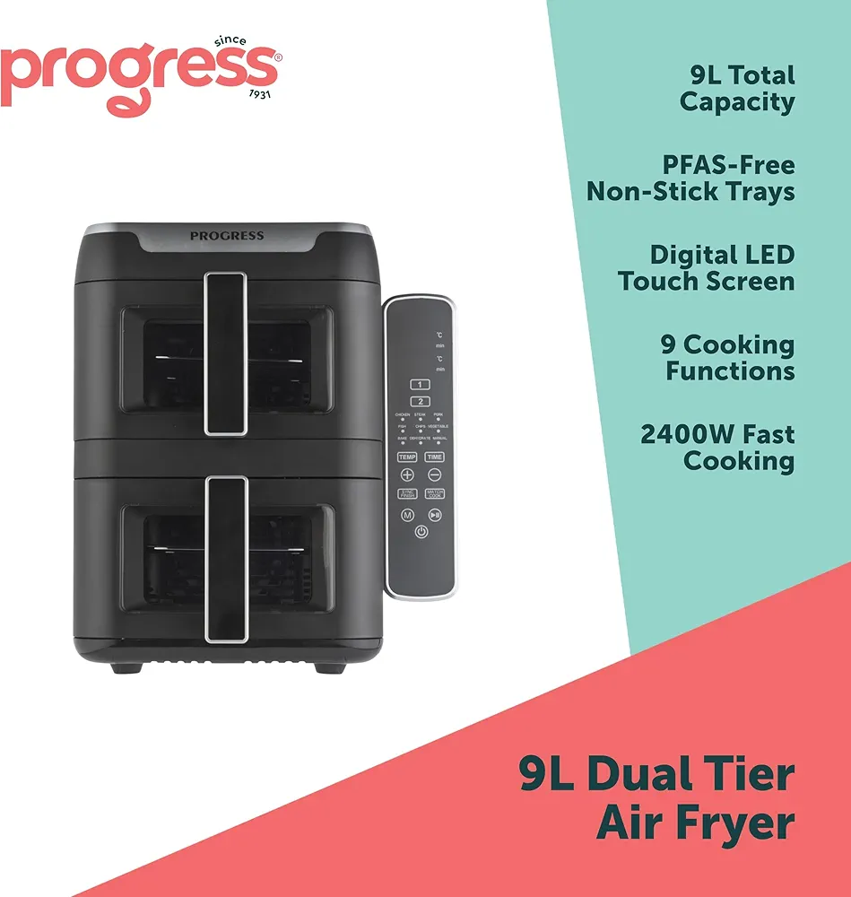 ⭐️STAR BUY⭐️ Progress 9lt Dual Tier Air Fryer LED Display, Viewing Window - Image 3