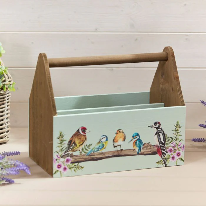 RL FLORAL FEATHERED WOOD BIRD CADDY WITH HANDLE