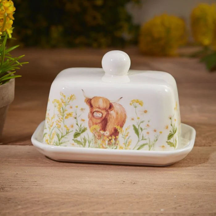 RL HIGHLAND COW FLORAL BUTTER DISH CERAMIC