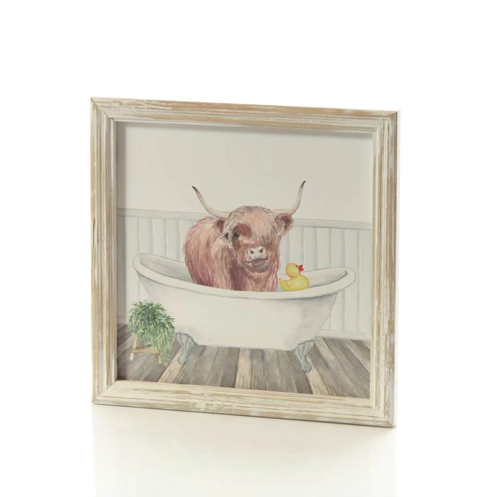 RL HIGHLAND COW IN THE BATH WOOD PRINTED PLAQUE