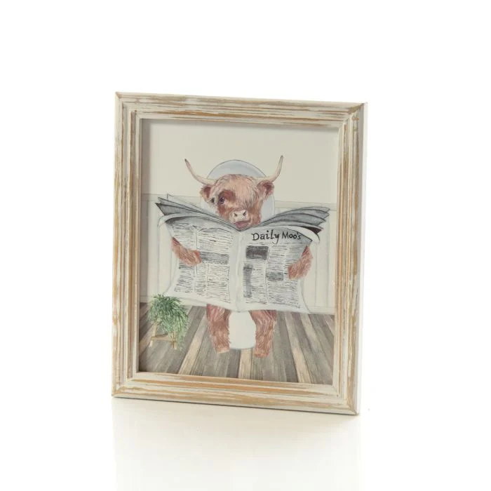 RL HIGHLAND COW READING THE PAPER ON THE TOILET WOOD PRINTED PLAQUE