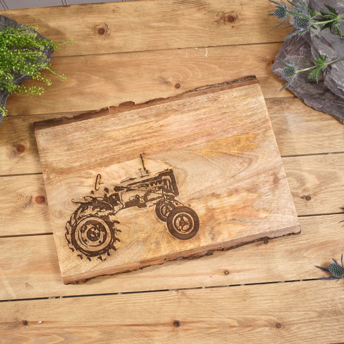 RL MANGO WOOD ENGRAVED DECORATIVE TRACTOR BOARD WITH BARK EDGE