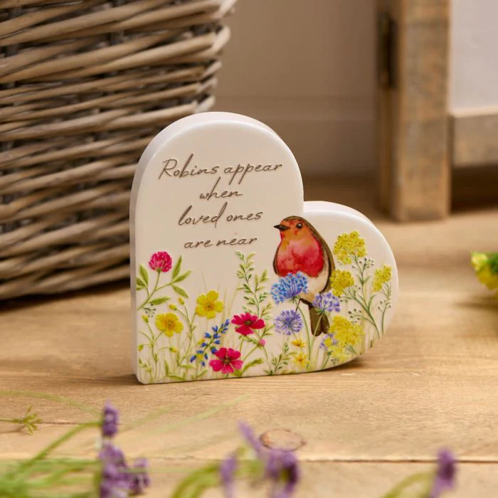 RL ROBINS APPEAR WHEN LOVED ONES ARE NEAR RAISED PATTERN CERAMIC STANDING HEART