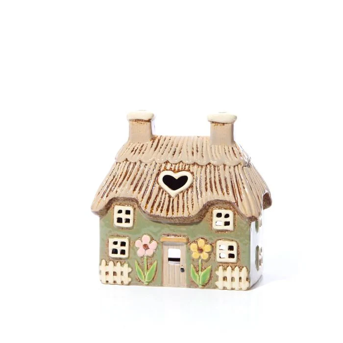 RL STONEWARE GREEN THATCHED COTTAGE WITH EMBOSSED FLOWERS TEA LIGHT HOLDER - Image 2