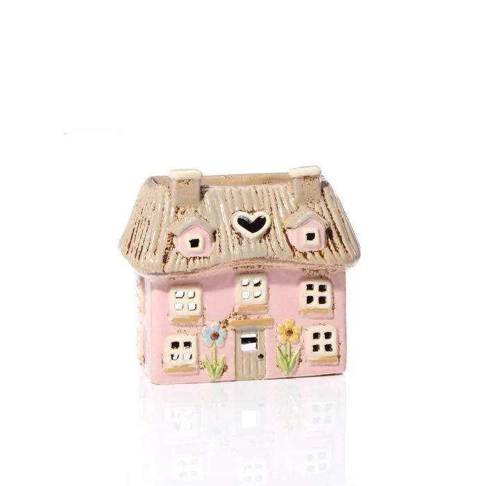 RL STONEWARE PINK THATCHED COTTAGE WITH EMBOSSED FLOWERS WAX MELT BURNER - Image 2
