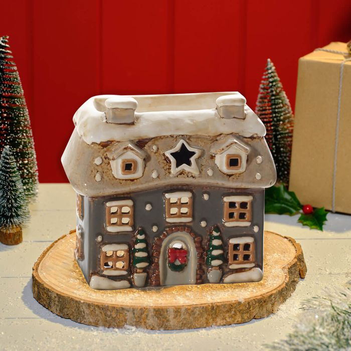 RL XMAS COTTAGE WAX MELT BURNER GREY EMBOSSED STONEWARE