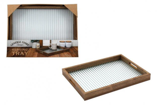 SIL 30x40 Ribbed Glass & Wood Tray