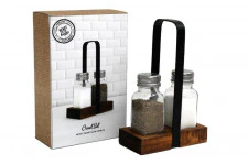 SIL S/2 CRUET IN ACACIA BASE SALT/PEPPER HOLDER