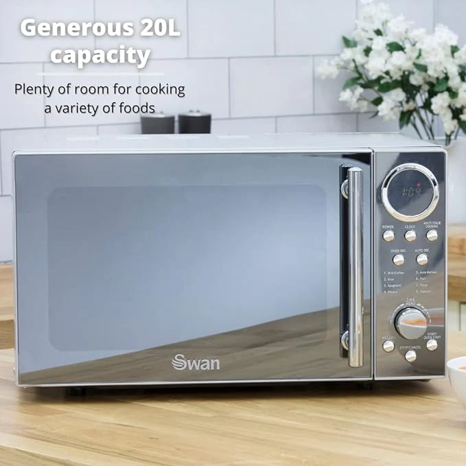 Swan Microwave Silver Mirrored Door, 20L, 800W, with Glass Turntable, 10 Power Levels - Image 3