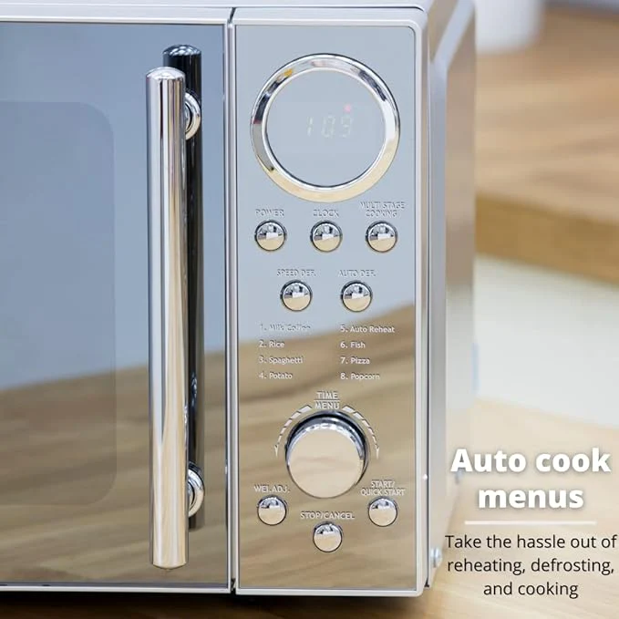 Swan Microwave Silver Mirrored Door, 20L, 800W, with Glass Turntable, 10 Power Levels - Image 4