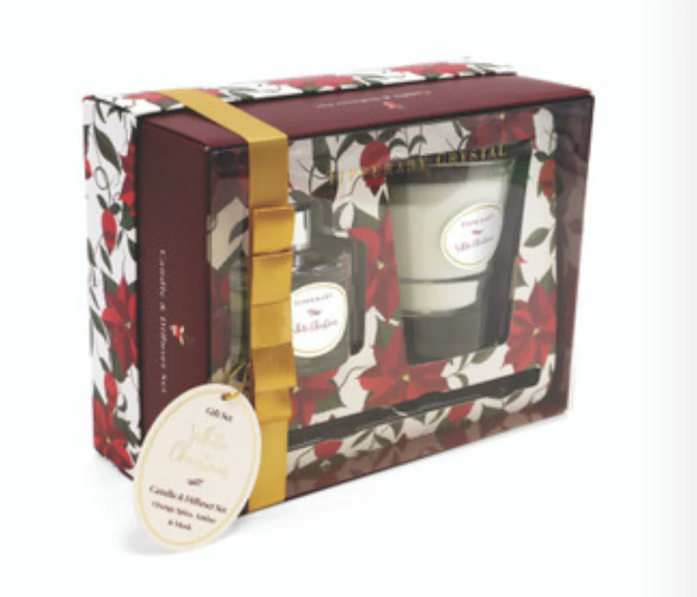 Tipperary Crystal Poinsettia White Christmas Candle And Diffuser Set