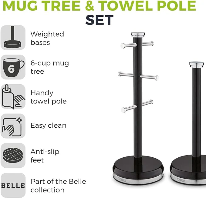 Tower Belle Mug Tree and Towel Pole Set, Stainless Steel, Noir, Black - Image 3